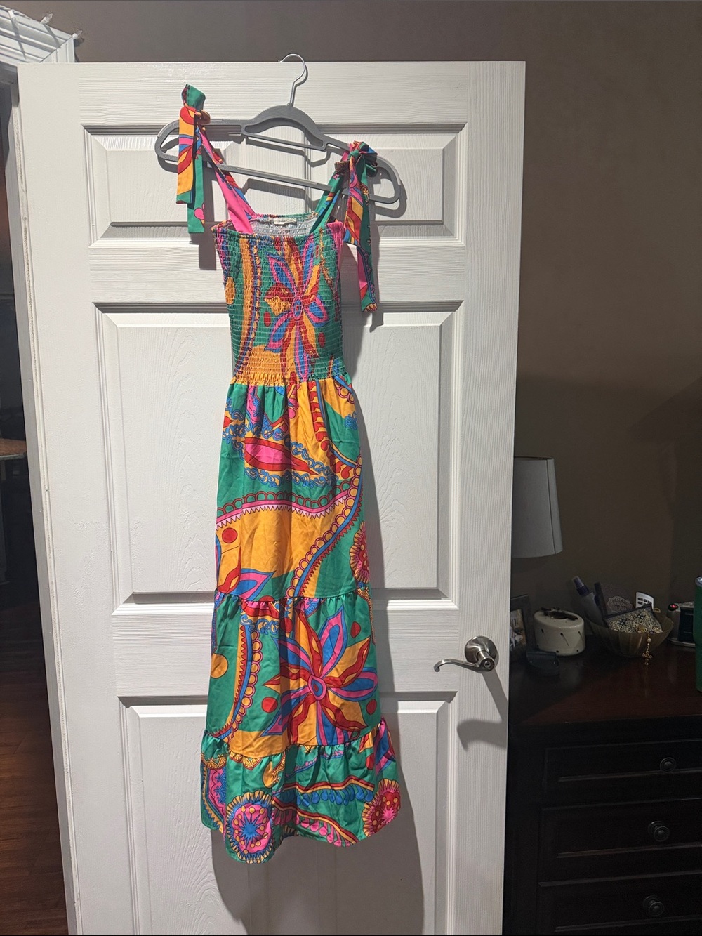 Sunday Bright Floral Tie-Shoulder Maxi Dress in Green, Yellow & Pink